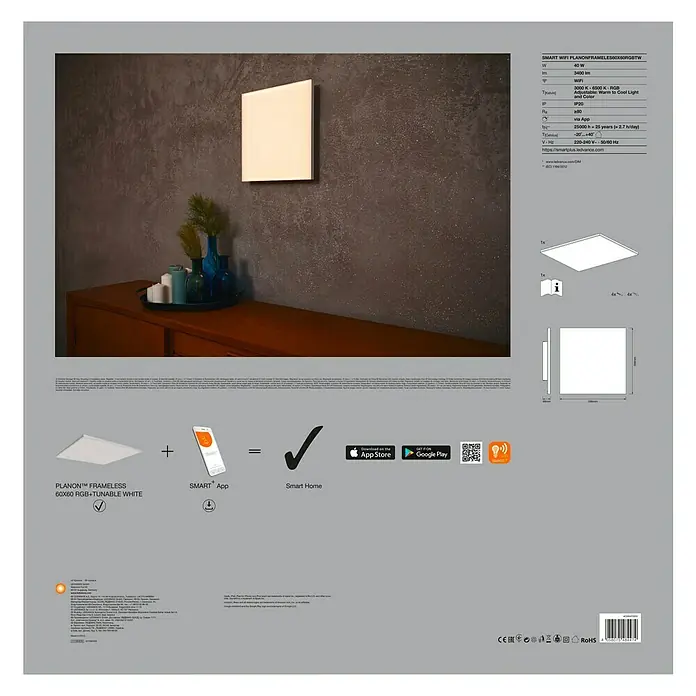 Ledvance Smart+ WiFi LED-Panel Planon Frameless40 W, L x B x H: 596 x 596 x 69 mm, Weiß, RGB