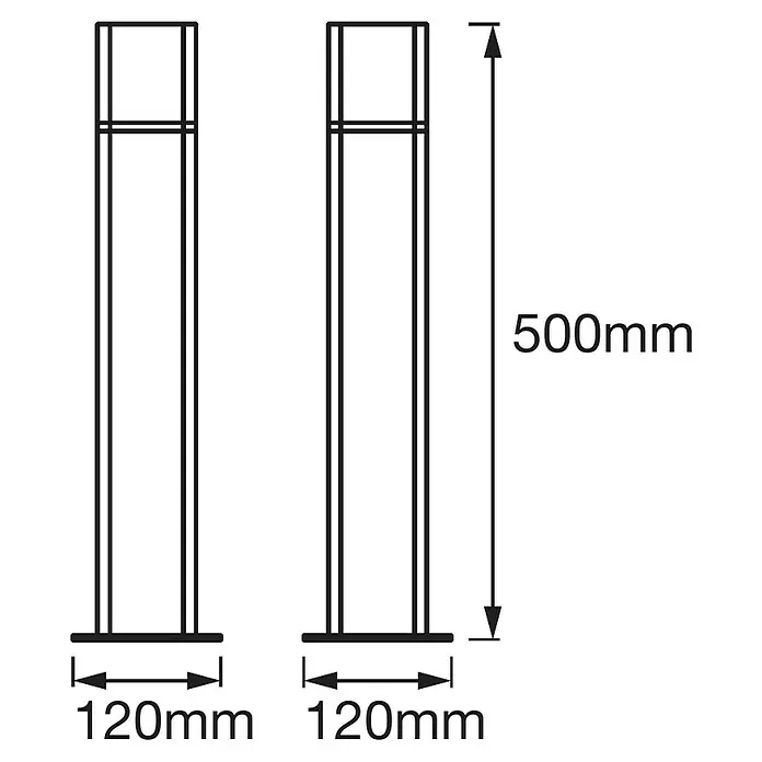 Ledvance Smart+ Außenstehleuchte Cube 50cm RGBW - Farbe Gehäuse: Grau, RGBW, 120 x 120 x 500 mm, Mit Leuchtmittel - Illustration zweier rechteckiger Außenleuchten mit den Maßen 500mm Höhe und 120mm Breite.