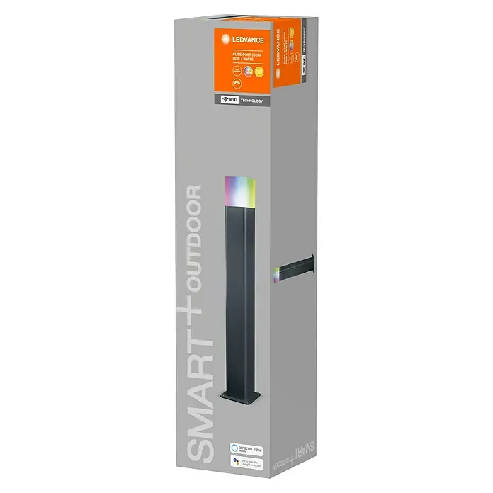 Ledvance Smart+ Außenstehleuchte Cube 50cm RGBW - Farbe Gehäuse: Grau, RGBW, 120 x 120 x 500 mm, Mit Leuchtmittel - Abbildung einer LEDVANCE SMART+ OUTDOOR Cube Post 50cm RGB + White Gartenleuchte, die intelligente Beleuchtung für den Außenbereich bietet.