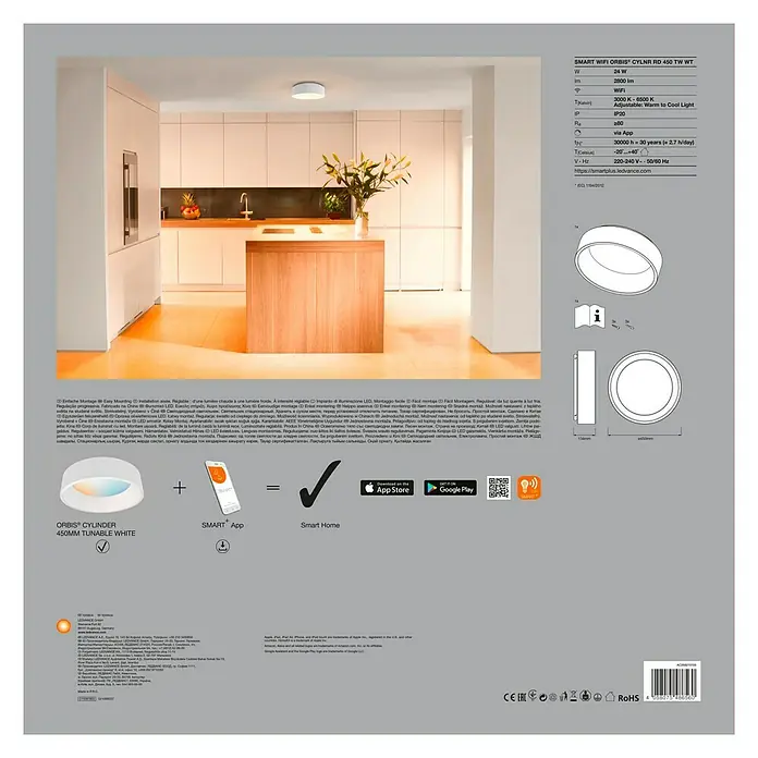 Ledvance Smart+ WiFi LED-Deckenleuchte rund Cylinder - 24 W, Ø x H: 450 x 134 mm, Weiß - Produktbild der LEDVANCE Smart WiFi Orbis Cylnr RD 450 TW WT Deckenleuchte.