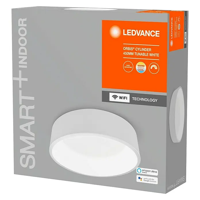 Ledvance Smart+ WiFi LED-Deckenleuchte rund Cylinder - 24 W, Ø x H: 450 x 134 mm, Weiß - Die LEDVANCE Orbis® Cylinder 450mm tunable white Deckenleuchte in ihrer Verpackung. Smartes Licht für Ihr Zuhause mit einfacher Montage.