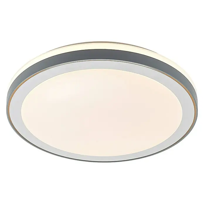 Tween Light LED-Deckenleuchte rund Rimini - 24 W, Ø x H: 40 x 8 cm, Weiß/Grau, Warmweiß - Nahaufnahme einer modernen, runden LED-Deckenleuchte mit Chromrahmen, die ein warmes, einladendes Licht ausstrahlt.