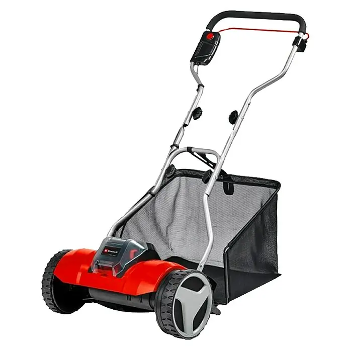 Einhell Power X-Change 18V Akku-Spindelmäher GE-HM 18/38 Li-Solo18 V, Ohne Akku, 4 Ah, Schnittbreite: 38 cm - Abbildung eines Einhell Elektro-Rasenlüfters mit Fangkorb. Das Gerät ist rot und schwarz und hat einen silbernen Griff.