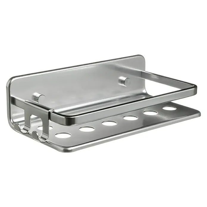 Tatay Cesta de baño Serenity - 10 x 20 x 5,5 cm, Cromo - Esta imagen muestra un cesto de ducha plateado, con ganchos y agujeros. Ideal para accesorios de baño y almacenamiento ordenado.
