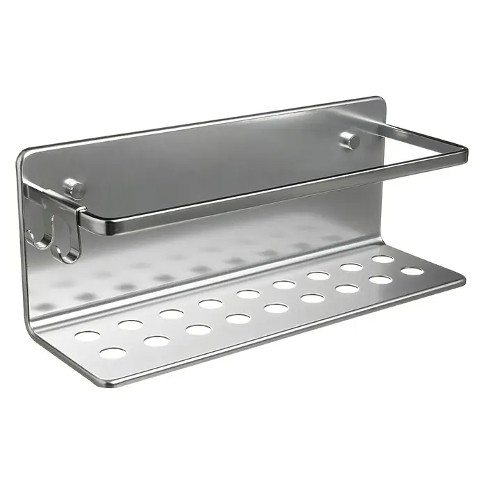 Tatay Moon Cesta de baño - L x An x Al: 10 x 30 x 12 cm, Cromo - En la imagen, se muestra una elegante estantería de ducha plateada con orificios de drenaje y ganchos para almacenamiento adicional en el baño.