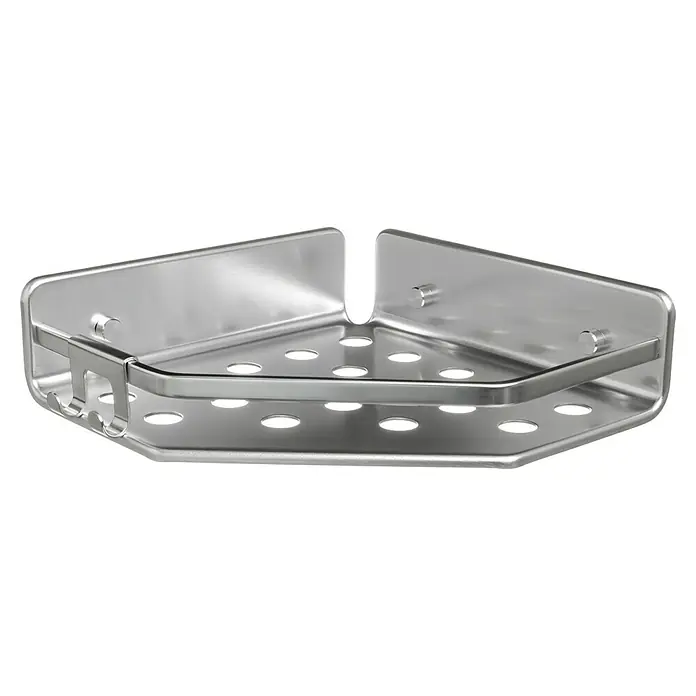 Tatay Moon Cesta de baño angular - L x An x Al: 20 x 20 x 5,5 cm, 1 ud., Plateado - En la imagen se muestra una repisa de ducha angular de metal para guardar artículos de aseo. Es una solución práctica para organizar.