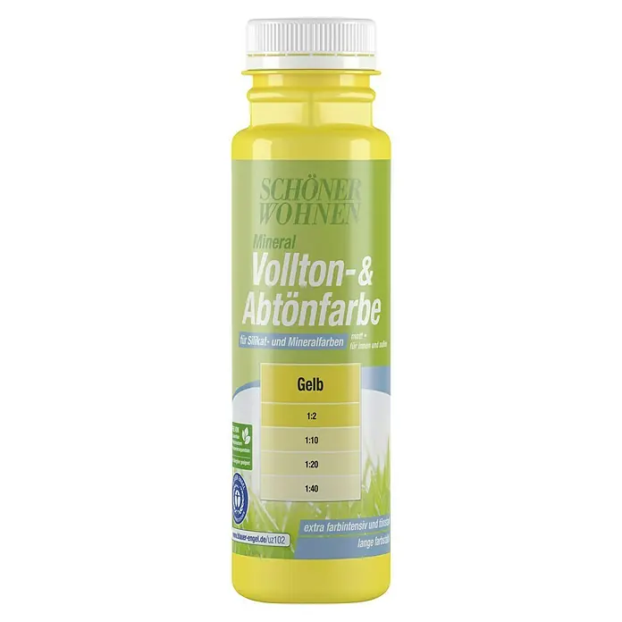 SCHÖNER WOHNEN-Farbe Vollton- & Abtönfarbe Silikat - Gelb, Matt, 250 ml, Konservierungsmittelfrei - Farbflasche von SCHÖNER WOHNEN Mineral Vollton-& Abtönfarbe in Gelb, ideal zum Abmischen von Silikat- und Mineralfarben für lebendige Farbtöne.
