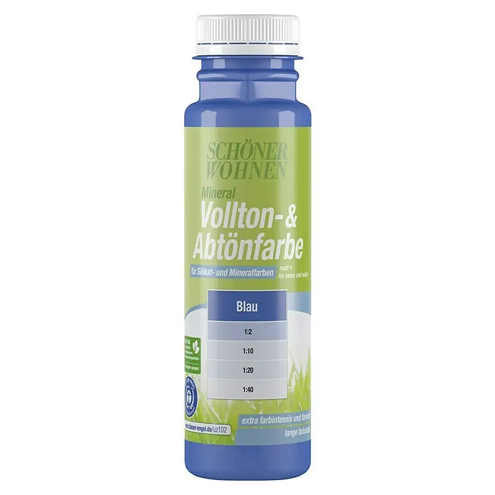 SCHÖNER WOHNEN-Farbe Vollton- & Abtönfarbe Silikat - Blau, Matt, 250 ml, Konservierungsmittelfrei - Abbildung einer Flasche „Schöner Wohnen“-Mineralfarbe Vollton- und Abtönfarbe in Blau, ideal für Silikat- und Mineralfarben.
