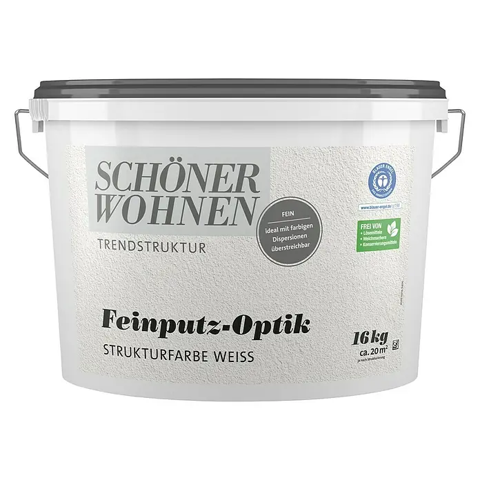 SCHÖNER WOHNEN-Farbe Trendstruktur Dekoputz Feinputz-Optik Strukturfarbe - Weiß, 16 kg, Konservierungsmittelfrei, Fein - Eimer Schöner Wohnen Feinputz-Optik Strukturfarbe Weiss, 16kg, für Trendstruktur. Ideal für farbige Dispersionen, frei von Lösemitteln.