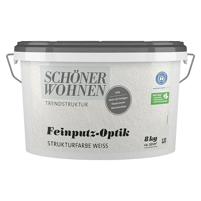 SCHÖNER WOHNEN-Farbe Trendstruktur Dekoputz-Set Feinputz-Optik - 3 -tlg., 8 kg, Korngröße: Fein - Ein Eimer Schöner Wohnen Feinputz-Optik Strukturfarbe Weiss, ideal für farbige Dispersionen, mit 8 kg Inhalt für ca. 10 m².