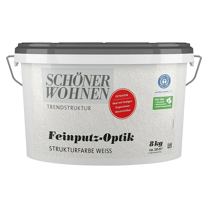 SCHÖNER WOHNEN-Farbe Trendstruktur Dekoputz-Set Feinputz-Optik - 3 -tlg., 8 kg, Korngröße: Sehr Fein - Farbeimer "Schöner Wohnen Feinputz-Optik" in Weiß, ideal für feine Innenputzstrukturen, lösungsmittelfrei und überstreichbar.