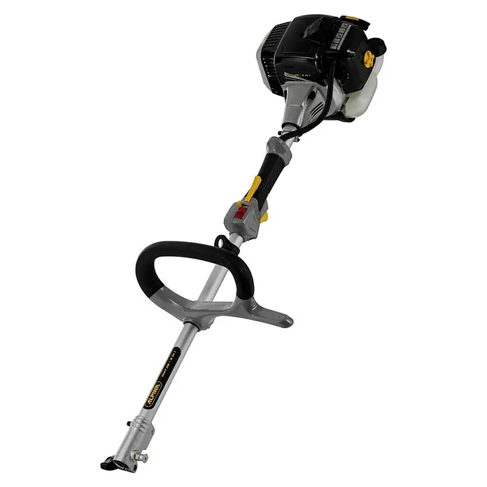 Alpina Multiherramientas de gasolina MT 26 - 0,7 kW, 25,4 cm³ - La imagen muestra un cortacésped multifunción Alpina AMT 26 5 en 1 con mango negro y detalles en amarillo sobre un fondo negro.