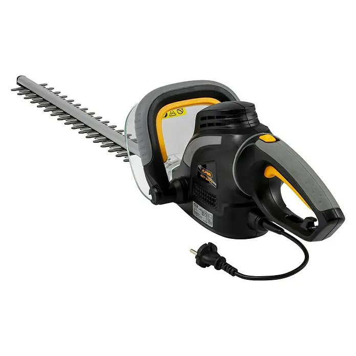 Alpina Cortasetos eléctrico AHT 500 E - 500 W, Longitud de corte: 45 cm, Grosor de rama máx.: 22 cm - Imagen de un cortasetos Alpina RHT 500 S, con una carcasa gris y amarilla y una cuchilla afilada.