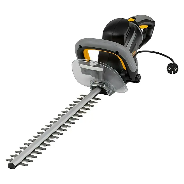 Alpina Cortasetos eléctrico AHT 500 E - 500 W, Longitud de corte: 45 cm, Grosor de rama máx.: 22 cm - Imagen de un cortasetos eléctrico Alpina con mango negro, detalles amarillos y hoja de corte plateada sobre un fondo negro.