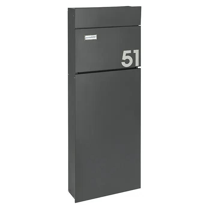 Portaferm Standbriefkasten Maximus - L x B x H: 14 x 39,5 x 115 cm, Anthrazit, Stahl, Namensschild - Ein grauer Briefkasten mit der Nummer 51 und dem Portafirm-Logo, der eine sichere und stilvolle Möglichkeit zur Postaufbewahrung bietet.