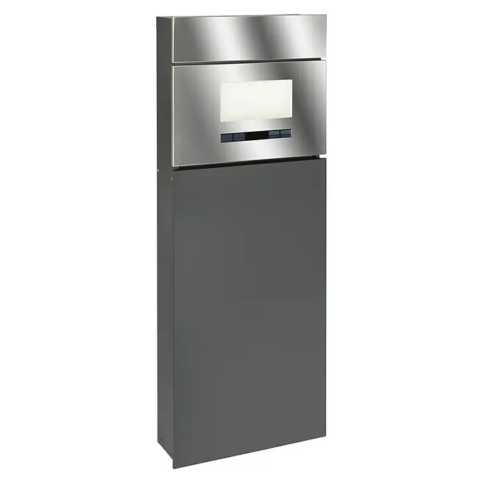 Portaferm Standbriefkasten Maximus - L x B x H: 14 x 39,5 x 115 cm, Anthrazit, Stahl, Hausnummernfeld - Abbildung eines modernen Briefkastens aus Edelstahl in Anthrazit. Ideal für den Eingangsbereich, robust und stilvoll.