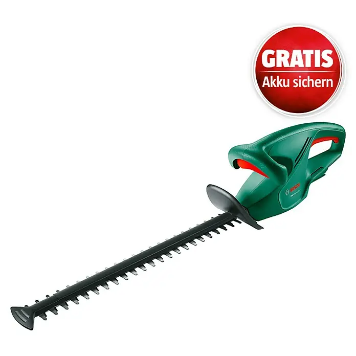 Bosch Power for All 18V Cortasetos de batería EasyHedgeCut 18-45 - 18 V, Iones de litio, Sin batería, Longitud de corte: 40 cm - Imagen de un cortasetos inalámbrico Bosch verde con una hoja negra y una pegatina roja de "Batería gratuita segura".