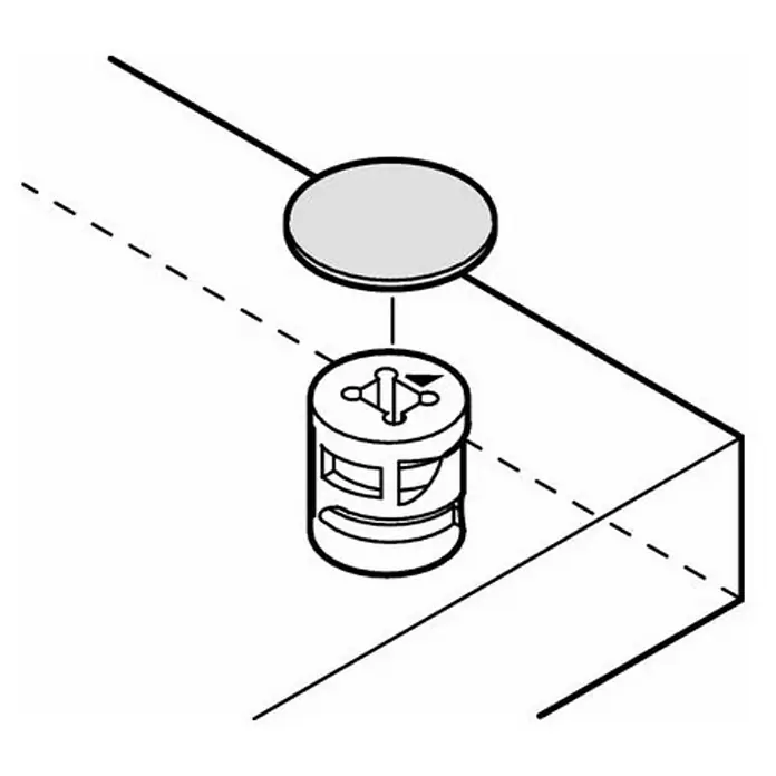 Stabilit Abdeckkappe - Durchmesser: 18 mm, Eiche - Illustration einer Möbelverbindung mit Drehverschluss und Abdeckung, die eine einfache Montage und Demontage ermöglicht.