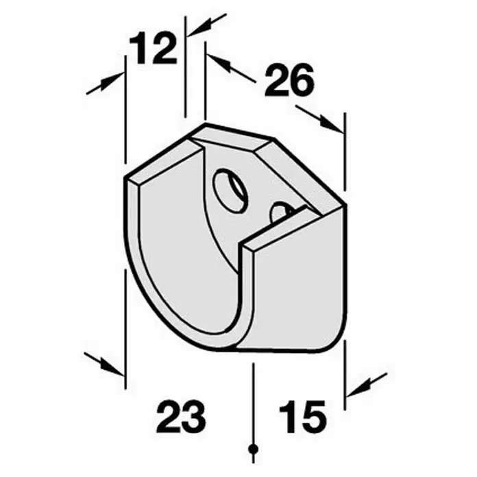 Suki Soporte de barra para ropa - L x An x Al: 12 x 26 x 15 mm, Diámetro cilindro: 18 mm, Plástico - La imagen muestra un soporte de barra de armario con las dimensiones 12, 26, 23 y 15. Es un elemento de construcción para la fabricación de muebles.