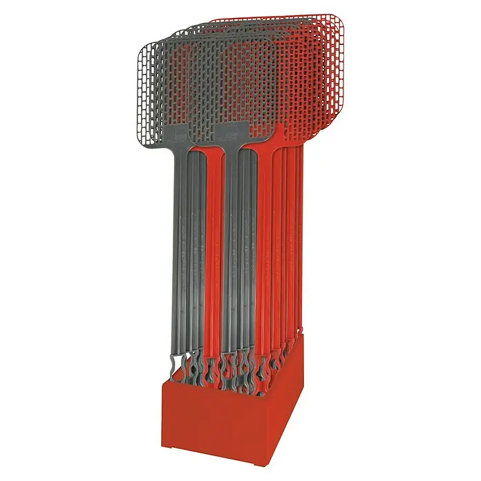 Swissinno Natural Control Fliegenklatsche - Kunststoff - Die Swissinno Solutions Fliegenklatschen sind in Grau und Rot gehalten und stehen in einem roten Halter.