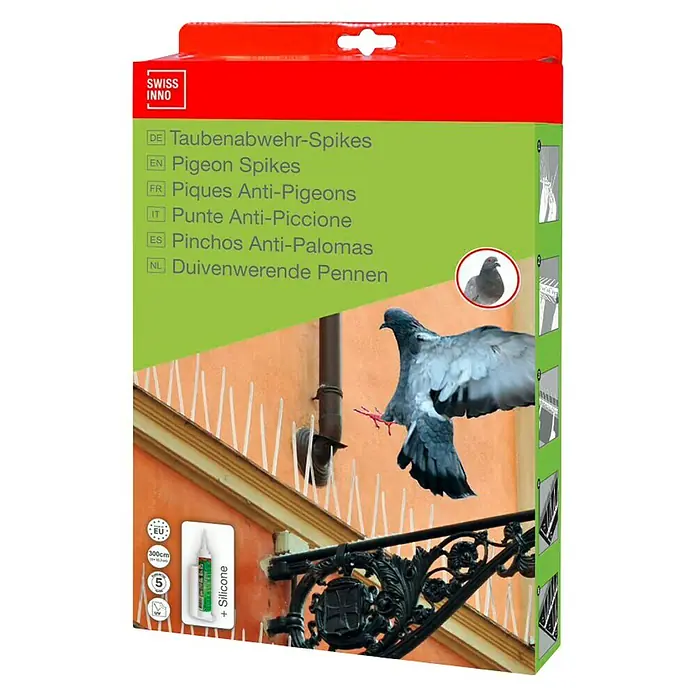 Swissinno Natural Control Pinchos contra palomas - Largo: 300 cm, 9 bandas, incluye cola - Embalaje de púas para palomas de Swiss Inno, una solución disuasoria de 300 cm para repeler palomas de edificios.