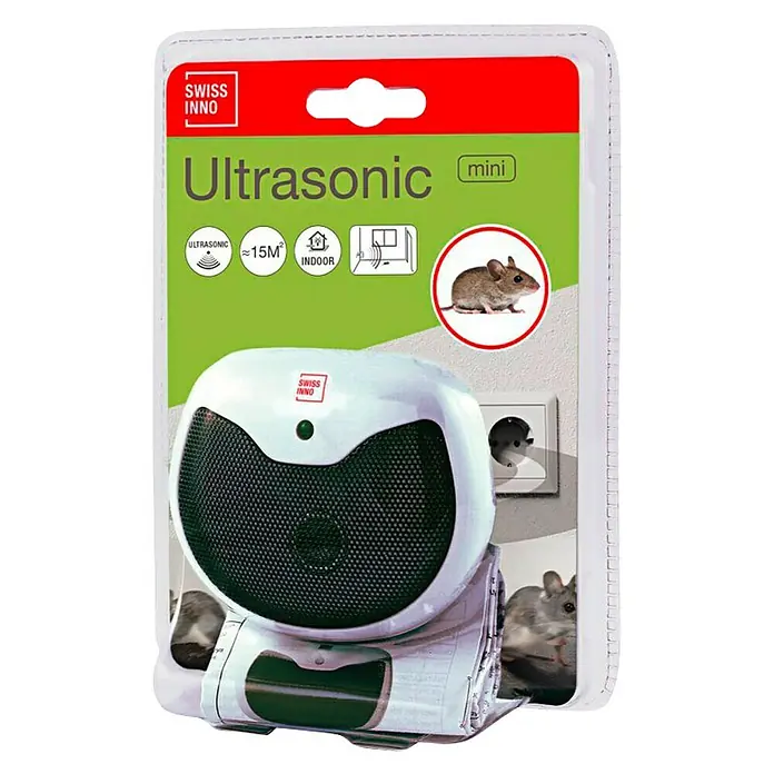 Swissinno Ultraschall-Nagetiervertreiber Mini - Wirkungsbereich: 15 m² - Nahaufnahme eines "Swiss Inno" Ultraschall Schädlingsbekämpfers in Verpackung, zur Insektenabwehr im Haus.