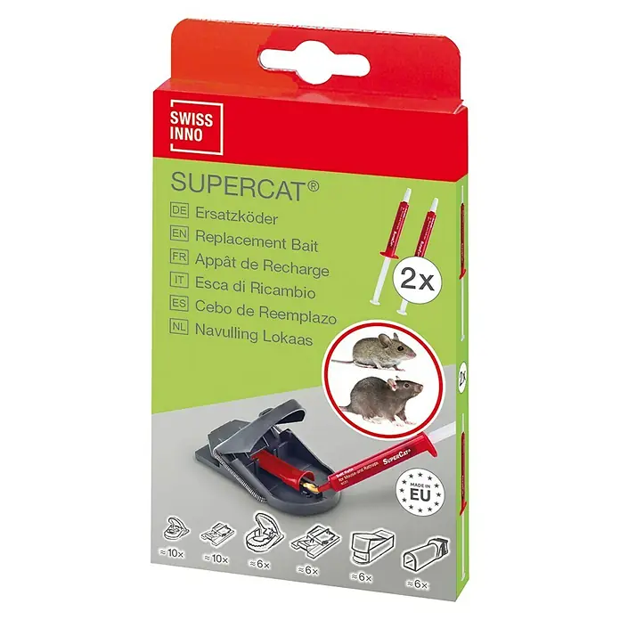 Swissinno Cebo de recambio Cebo remplazo - Preparado para cebo, 2 ud. - Paquete de cebo de reemplazo SuperCat con 2 unidades, perfecto para trampas para ratones. Fácil de usar para control de plagas en hogar y jardín.