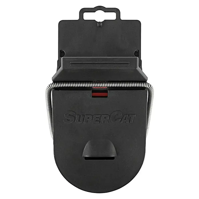 Swissinno Rattenfalle SuperCat Pro - Nagervergrämung, Kunststoff - Nahaufnahme einer schwarzen SuperCat-Mausefalle mit einem Drahtbügel und einem Köderfach.