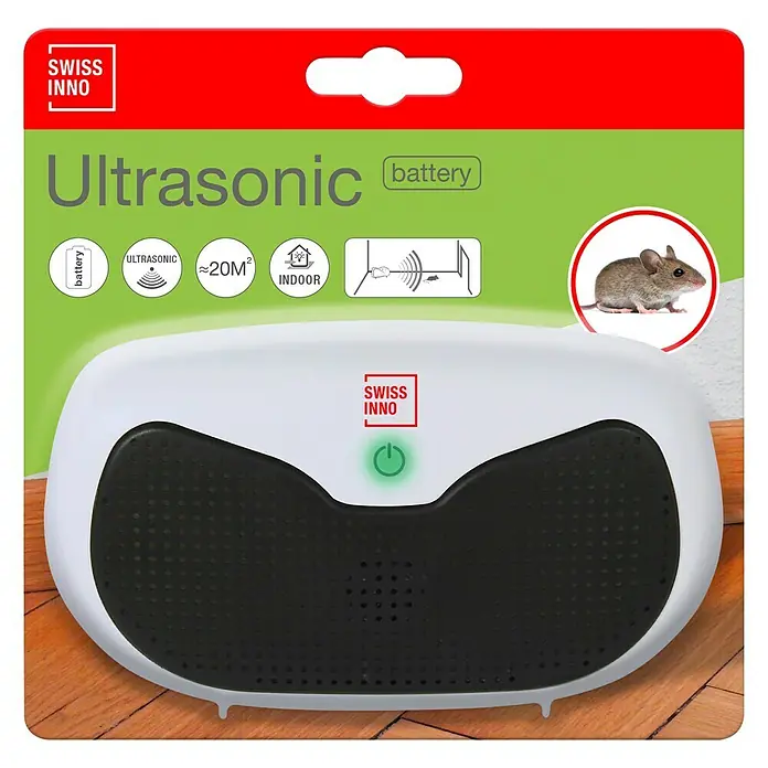 Swissinno Repelente de roedores por ultrasonidos Ultrasónico - Rendimiento térmico: 20 m², Blanco - Repelente ultrasónico para ratones Swiss Inno con función de batería y un alcance de aprox. 20m² para uso en interiores.