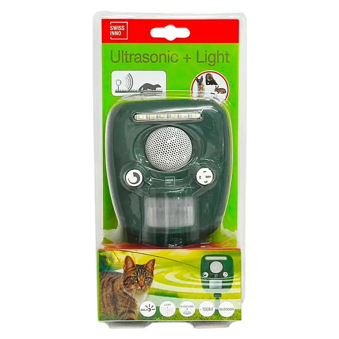 Swissinno Ultrasonido ahuyentador de animales Repeller Pro - Rendimiento térmico: 100 m² - La imagen muestra un dispositivo repelente de animales "Swiss Inno Ultrasonic + Light" que utiliza ultrasonido y luz para disuadir a los animales.