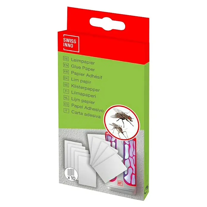 Swissinno Atrapainsectos papel adhesivo - 10 ud. - Imagen de un paquete de papel adhesivo Swiss Inno, ideal para el control de plagas con 10 trampas adhesivas.
