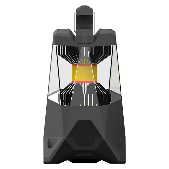 Nebo Tools Linterna Galileo - 10,67 x 11,43 x 18,54 cm, 500 lm, IPX4 - Imagen de una trampa para mosquitos gris con forma de cilindro con un núcleo amarillo y detalles negros sobre un fondo negro.