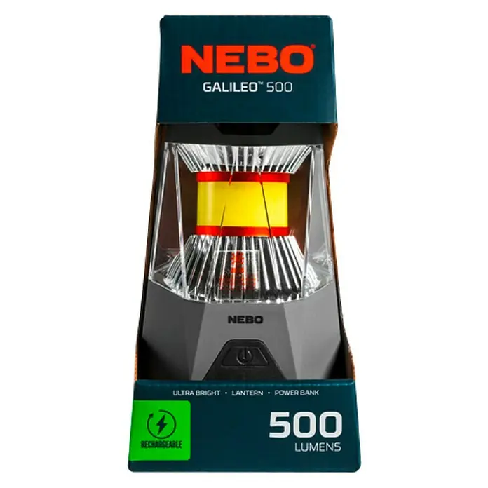 Nebo Tools Linterna Galileo - 10,67 x 11,43 x 18,54 cm, 500 lm, IPX4 - La imagen muestra una linterna NEBO Galileo 500 que ofrece iluminación ultra brillante, función de linterna y capacidades de banco de energía.