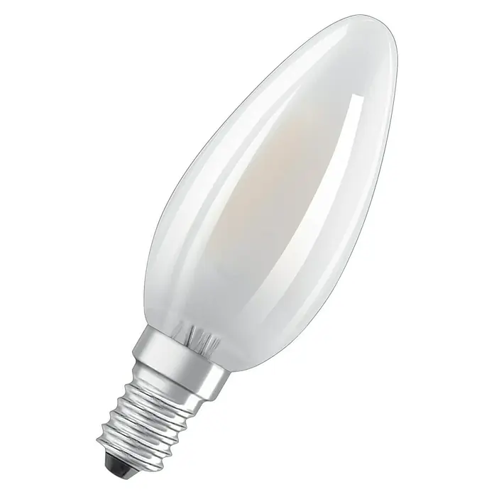 Osram Bombilla LED Vela mate pack 2 - E14, Blanco neutro, 470 lm, 4 W - Primer plano de una bombilla LED mate de vela con base E14, ideal para iluminación ambiental y eficiencia energética.