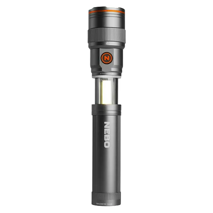 Nebo Tools Linterna Newton - 4,57 x 4,57 x 19,81 cm, 500 lm, IPX4 - Imagen de una linterna NEBO gris con base magnética y función extensible, perfecta para camping y emergencias.