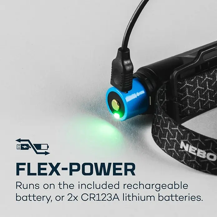 Nebo Tools Linterna frontal Einstein flex - 5,08 x 7,62 x 12,7 cm, 1.000 lm, IPX4 - Primer plano de una linterna frontal NEBO recargable con Flex-Power y carga USB. Ofrece opciones de batería flexibles para un uso versátil.