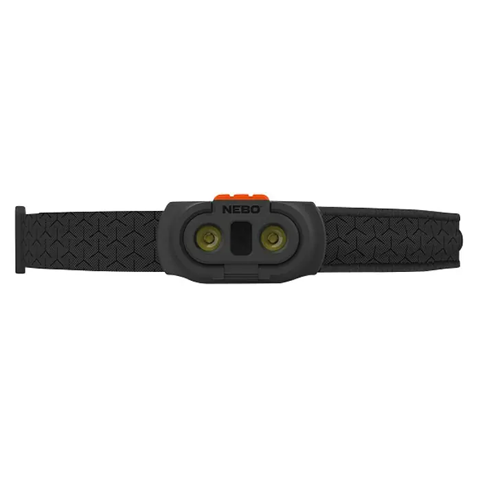 Nebo Tools Linterna frontal Einstein flex - 5,08 x 7,62 x 12,7 cm, 1.000 lm, IPX4 - Imagen de una linterna frontal Nebo con una diadema negra y dos luces LED. Perfecta para actividades al aire libre y aventuras nocturnas.