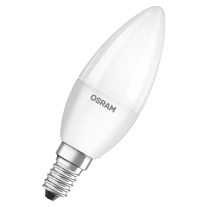 Osram Bombilla LED Vela Pack 4 - E14, Blanco cálido, 470 lm, 5,5 W - Una bombilla LED Osram en forma de vela con base E14 sobre un fondo negro. Iluminación de ahorro energético para tu hogar.