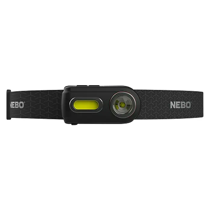Nebo Tools Linterna frontal recargable Einstein - 28 x 65 x 32 mm, 400 lm, IPX4 - Primer plano de una linterna frontal NEBO con luz LED y diadema ajustable, diseñada para actividades y aventuras al aire libre.