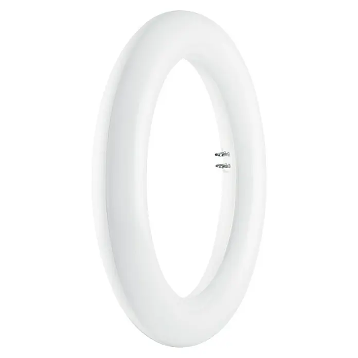 Tubo LED Circular - 20 W, 3 cm, Blanco frío, 1.200 lm - Primer plano de una lámpara de anillo con carcasa blanca lisa y pines metálicos visibles para el montaje.