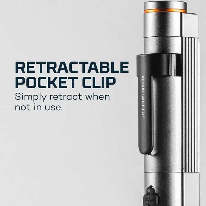Nebo Tools Linterna Newton - 1,78 x 1,78 x 21,34 cm, 400 lm, IPX4 - Primer plano de una lámpara con clip de bolsillo retráctil. Práctico para llevar y guardar la linterna.