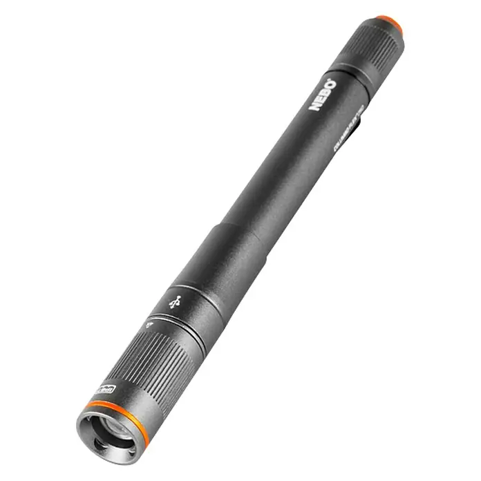 Nebo Tools Linterna Columbo Flex - 1,42 x 1,9 x 10,8 cm, 250 lm, IP67 - Luz de inspección NEBO negra con empuñadura moleteada y detalles en naranja, sobre fondo negro.
