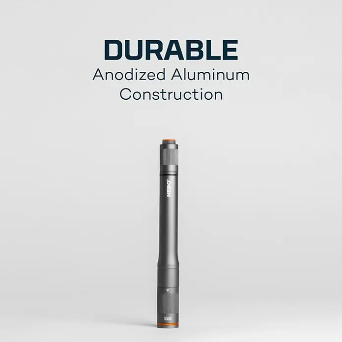 Nebo Tools Linterna Columbo Flex - 1,42 x 1,9 x 10,8 cm, 250 lm, IP67 - Imagen de una linterna NEBO gris con detalles naranjas, destacando su duradera construcción de aluminio anodizado.