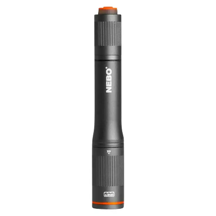 Nebo Tools Linterna Columbo boli - 1,78 x 10,8 x 17,78 cm, 100 lm, IP67 - Se muestra una linterna NEBO negra, con detalles naranjas. Ideal para acampar o emergencias, robusta y confiable en cualquier situación.