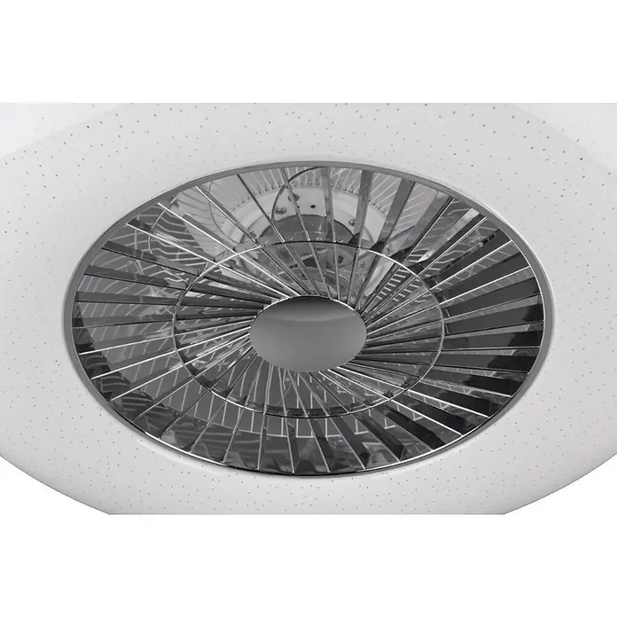 Voltomat Deckenventilator mit LED-Beleuchtung - Silber, Weiß, 60 cm, 40 W, Warmweiß - Nahaufnahme eines modernen Deckenventilators mit integrierter Beleuchtung.