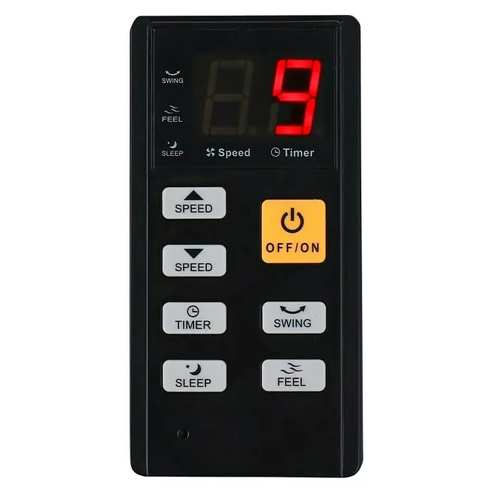PR Klima Ventilador de pie Arizona - Negro, 81 cm, 145 cm - Primer plano de un mando a distancia negro de aire acondicionado con varios botones y una pantalla LED para controlar los ajustes.