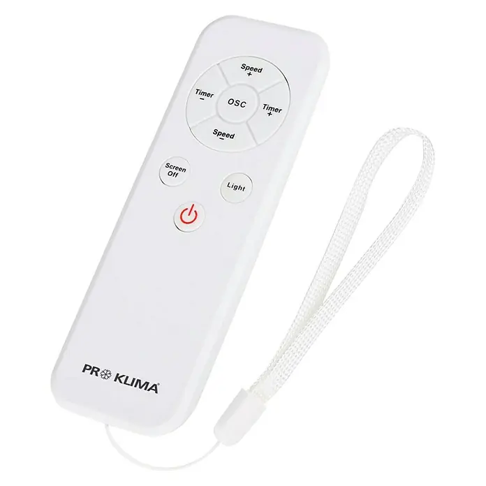 Voltomat Ventilador de torre Design - Blanco, 80 cm, 65 W - Primer plano de un control remoto Pro Klima blanco con varios botones, incluyendo velocidad, temporizador, OSC y luz para el control del aire acondicionado.