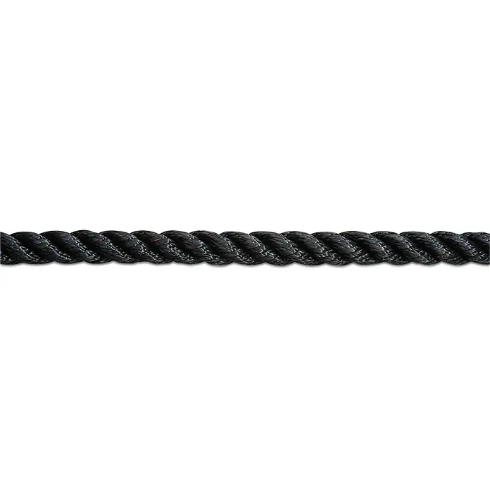 Seilflechter Cabo a metros Birolen tauwerk - Diámetro: 20 mm, Poliéster, Negro - Imagen de una cuerda negra muy trenzada dispuesta horizontalmente sobre un fondo blanco.