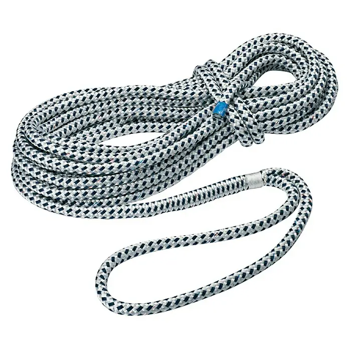 Seilflechter Cuerda de amarre Tifon - Ø x L: 8 mm x 8 m, Poliéster, Negro/blanco - Esta imagen muestra una cuerda trenzada blanca y azul con un lazo en un extremo, ideal para diversas aplicaciones.