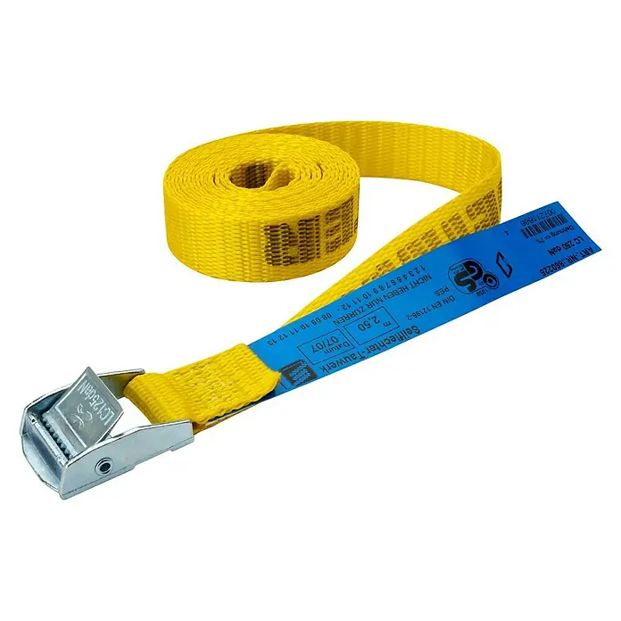 Seilflechter Correa de amarre - Largo: 2,5 m, Espesor: 25 mm - Cinta de amarre amarilla con hebilla metálica y etiqueta azul.